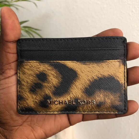 MICHAEL KORS Black Brown Leopard Animal Money Pieces Coin Cardholder Case Wallet - Picture 1 of 7